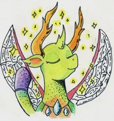 Size: 510x543 | Tagged: artist:kuroneko, bust, changedling, changeling, colored pencil drawing, derpibooru import, eyes closed, fabulous, horns, insect wings, king thorax, king thorax the fabulous, safe, simple background, solo, sparkles, thorax, traditional art, white background, wings