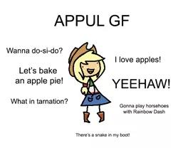 Size: 600x500 | Tagged: safe, artist:rawrienstein, derpibooru import, applejack, equestria girls, apple, apple pie, appul, baking, blonde, bronybait, cute, dancing, food, happy, ideal gf, meme, pie, simple background, smiling, solo, stick figure, that pony sure does love apples, there's a snake in my boot, toy story, what in tarnation, white background, woody, yeehaw