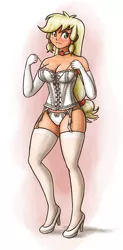 Size: 789x1600 | Tagged: applejack, artist:king-kakapo, boob freckles, breasts, busty applejack, clothes, corset, derpibooru import, drawthread, evening gloves, female, freckles, garter belt, garters, gloves, high heels, human, human female, humanized, lingerie, long gloves, /mlp/, panties, shoes, shoulder freckles, simple background, socks, solo, solo female, stockings, suggestive, thigh highs, underwear