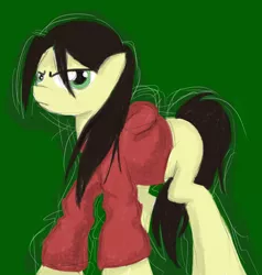 Size: 784x822 | Tagged: safe, artist:tavistradivarius, derpibooru import, ponified, earth pony, pony, clothes, female, glare, green background, hoodie, left 4 dead, looking at you, mare, simple background, solo, zoey