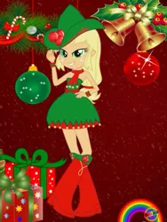 Size: 1536x2048 | Tagged: artist needed, safe, derpibooru import, applejack, equestria girls, berries, boots, candy, candy cane, christmas, christmas presents, christmas tree, clothes, cowboy boots, dress, food, freckles, hand on hip, holiday, holly, looking at you, ornaments, present, rainbow, shoes, solo, tree