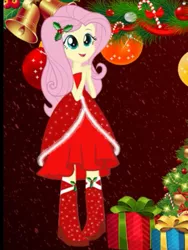 Size: 1536x2048 | Tagged: artist needed, safe, derpibooru import, fluttershy, equestria girls, bells, berries, boots, candy, candy cane, christmas, christmas presents, christmas tree, clothes, cute, dress, food, holiday, ornaments, shoes, solo, tree