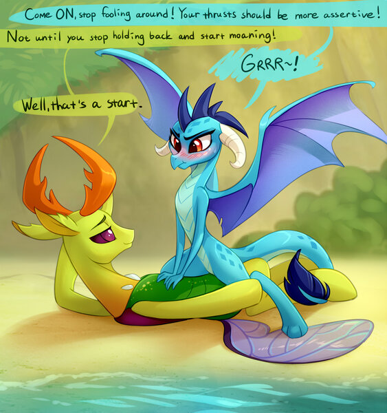 Size: 1200x1279 | Tagged: questionable, artist:tomatocoup, derpibooru import, princess ember, thorax, changedling, changeling, dragon, triple threat, :t, beach, bedroom eyes, blushing, changeling on dragon action, comic, cowgirl position, dialogue, dragon lord ember, embrax, eye contact, female, glare, interspecies, king thorax, looking at each other, male, on back, penetration, scrunchy face, sex, sex on the beach, shipping, smiling, smug, softcore, speech bubble, spread wings, straight, subtly explicit, tsundember, tsundere, vaginal, water, wingboner, wings