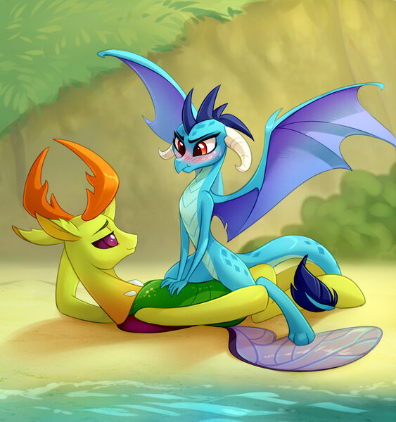 Size: 1200x1279 | Tagged: questionable, artist:tomatocoup, derpibooru import, princess ember, thorax, changedling, changeling, dragon, triple threat, beach, blushing, changeling on dragon action, cowgirl position, dragon lord ember, embrax, female, implied sex, interspecies, king thorax, male, penetration, scrunchy face, sex on the beach, shipping, smug, spread wings, straight, subtly explicit, tsundember, tsundere, wingboner, wings