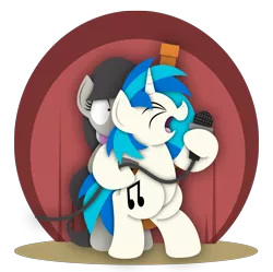 Size: 2480x2467 | Tagged: safe, artist:bobthedalek, derpibooru import, octavia melody, vinyl scratch, earth pony, pony, unicorn, bipedal, cello, eyes closed, female, hoof hold, mare, microphone, musical instrument, simple background, singing, stage, transparent background, vector