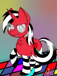 Size: 746x1000 | Tagged: safe, artist:luriel maelstrom, derpibooru import, oc, oc:rosalia, unofficial characters only, pony, chest fluff, dance floor, disco, lights, piercing, pose, red and black oc, signature