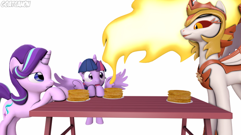 Size: 3840x2160 | Tagged: safe, artist:goatcanon, derpibooru import, daybreaker, starlight glimmer, twilight sparkle, twilight sparkle (alicorn), alicorn, pony, a royal problem, 3d, cute, dinner, food, pancakes, spread wings, wingboner, wings