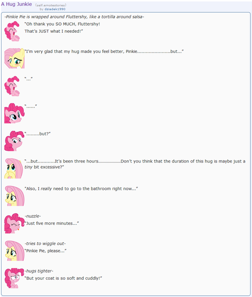 Size: 871x1028 | Tagged: addiction, artist:dziadek1990, bathroom, conversation, cute, derpibooru import, dialogue, emotes, emote story, fluttershy, friendshipping, hug, nuzzling, pinkie pie, reddit, safe, slice of life, text, worried