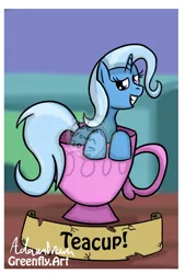 Size: 720x1066 | Tagged: safe, artist:greenfly1993, derpibooru import, trixie, pony, unicorn, cup, grin, happy, smiling, smirk, solo, teacup, that pony sure does love teacups, watermark