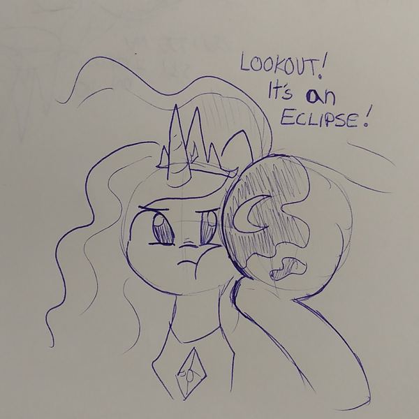 Size: 1210x1210 | Tagged: safe, artist:tjpones, derpibooru import, princess celestia, princess luna, alicorn, pony, 2017 solar eclipse, :t, duo, eclipse, monochrome, moonbutt, plot, pun, royal sisters, sketch, solar eclipse, this will end in tears and/or a journey to the moon, traditional art, unamused, visual pun