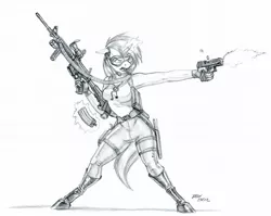 Size: 1400x1117 | Tagged: anthro, ar15, armpits, artist:baron engel, clothes, derpibooru import, female, grayscale, gun, levitation, magic, monochrome, open mouth, rifle, safe, solo, surefire, telekinesis, traditional art, trigger discipline, unguligrade anthro, vinyl scratch, weapon