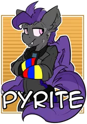 Size: 1480x2099 | Tagged: safe, artist:bbsartboutique, derpibooru import, oc, oc:pyrite, unofficial characters only, bat pony, ghoul, pony, badge, con badge, goggles