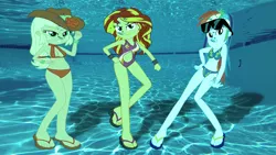 Size: 852x480 | Tagged: safe, artist:sb1991, derpibooru import, part of a set, applejack, rainbow dash, sunset shimmer, equestria girls, bedroom eyes, belly button, clothes, lidded eyes, part of a series, pose, request, requested art, story included, swimming pool, swimsuit, underwater, underwater eqg series