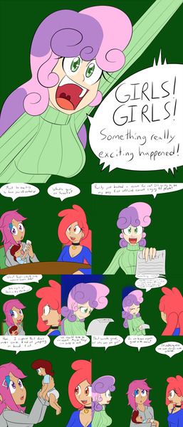 Size: 2400x5600 | Tagged: apple bloom, artist:jake heritagu, baby, baby bottle, clothes, comic, comic:ask motherly scootaloo, crying, cutie mark crusaders, derpibooru import, dialogue, female, hairpin, human, humanized, humanized oc, male, milk, mother and son, motherly scootaloo, oc, oc:lightning blitz, offspring, older, older apple bloom, older scootaloo, older sweetie belle, parent:rain catcher, parents:catcherloo, parent:scootaloo, safe, scootaloo, speech bubble, sweater, sweatshirt, sweetie belle