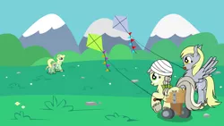 Size: 2926x1646 | Tagged: safe, artist:dinkyuniverse, derpibooru import, apple honey, apple mint, apple tarty, derpy hooves, jinx, pony, bandage, chest fluff, female, field, grass field, kite, mother and daughter, playing, trotting, unshorn fetlocks, wheelchair