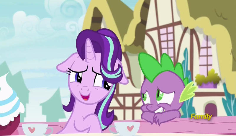 Size: 1280x738 | Tagged: safe, derpibooru import, screencap, spike, starlight glimmer, dragon, pony, unicorn, triple threat, cup, cute, daaaaaaaaaaaw, epic, female, floppy ears, glimmerbetes, grin, looking at you, male, mare, open mouth, smiling, spikabetes, teacup