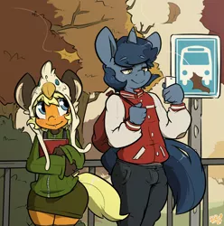 Size: 1220x1229 | Tagged: suggestive, artist:bbsartboutique, derpibooru import, oc, oc:b.b., oc:blank leaves, unofficial characters only, anthro, earth pony, unicorn, autumn, bus stop, clothes, crossdressing, cute, freckles, griffon hat, letterman jacket, lol, male, miniskirt, mobile phone, phone, skirt, trap