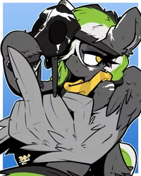 Size: 1058x1322 | Tagged: safe, artist:bbsartboutique, derpibooru import, oc, oc:graphite sketch, unofficial characters only, pegasus, pony, bandana, face paint, gas mask, mask, middle feather, middle finger, unshorn fetlocks, vulgar, wing hands