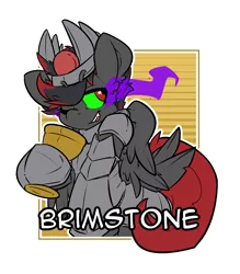 Size: 2100x2400 | Tagged: safe, artist:bbsartboutique, derpibooru import, oc, oc:brimstone, unofficial characters only, pegasus, pony, armor, badge, con badge, glowing eyes, goblet