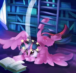 Size: 2000x1944 | Tagged: safe, artist:discorded, derpibooru import, twilight sparkle, twilight sparkle (alicorn), alicorn, pony, atg 2017, book, bookshelf, circling stars, dizzy, face down ass up, fell, female, knocked silly, ladder, mare, newbie artist training grounds, ouch, purple smart, silly, silly pony, solo, that pony sure does love books, twilight's castle, underhoof