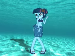 Size: 3072x2304 | Tagged: safe, artist:sb1991, derpibooru import, part of a set, twilight sparkle, equestria girls, beach, belly button, bikini, clothes, embarrassed, part of a series, sarong, story included, swimsuit, underwater, underwater eqg series, waving