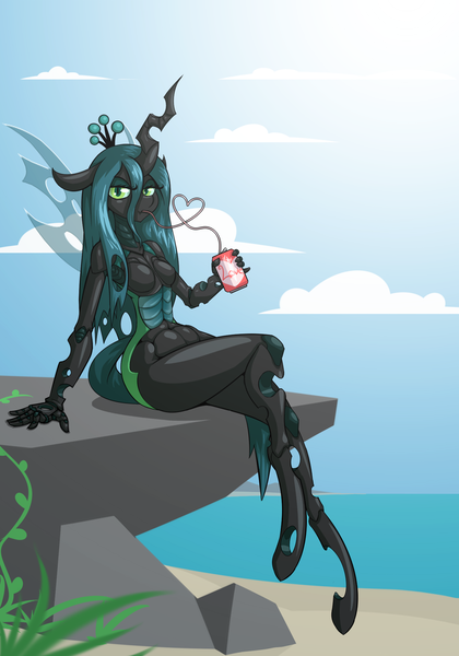 Size: 1400x2000 | Tagged: alternate version, anthro, artist:limebreaker, bendy straw, breasts, changeling, changeling queen, clothes, derpibooru import, drinking straw, featureless breasts, female, queen chrysalis, solo, solo female, straw, suggestive, unguligrade anthro