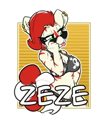 Size: 2100x2400 | Tagged: anthro, artist:bbsartboutique, badge, belly button, bikini, clothes, con badge, derpibooru import, oc, oc:zeze, safe, stripes, sunglasses, swimsuit, unofficial characters only, zebra