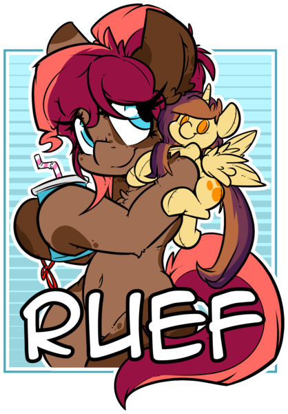 Size: 1484x2128 | Tagged: safe, artist:bbsartboutique, derpibooru import, oc, oc:lessi, oc:ruef, unofficial characters only, earth pony, pony, badge, drink, plushie, straw