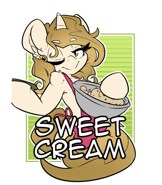 Size: 2100x2400 | Tagged: safe, artist:bbsartboutique, derpibooru import, oc, oc:sweet cream, unofficial characters only, pony, unicorn, apron, badge, clothes, con badge, spoon