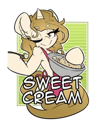 Size: 2100x2400 | Tagged: safe, artist:bbsartboutique, derpibooru import, oc, oc:sweet cream, unofficial characters only, pony, unicorn, apron, badge, clothes, con badge, spoon