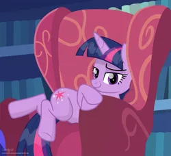 Size: 2401x2192 | Tagged: safe, artist:shutterflyeqd, derpibooru import, twilight sparkle, twilight sparkle (alicorn), alicorn, pony, triple threat, book, bookshelf, chair, female, looking at you, mare, scene interpretation, smiling, solo, that pony sure does love chairs