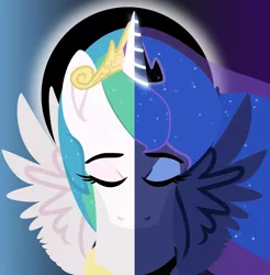 Size: 1569x1595 | Tagged: safe, artist:binkyt11, derpibooru import, princess celestia, princess luna, alicorn, pony, 2017 solar eclipse, atg 2017, crown, day, eclipse, eyes closed, eyeshadow, female, glowing horn, horn, jewelry, lineless, makeup, mare, newbie artist training grounds, night, regalia, royal sisters, solar eclipse, split screen, spread wings, tiara, vector, wings