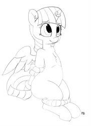 Size: 1280x1772 | Tagged: suggestive, artist:pabbley, derpibooru import, twilight sparkle, twilight sparkle (alicorn), alicorn, pony, 30 minute art challenge, arm behind back, bondage, chest fluff, ear fluff, female, grayscale, horn ring, magic suppression, mare, monochrome, rope, rope bondage, scrunchy face, simple background, sitting, solo, solo female, tied up, white background