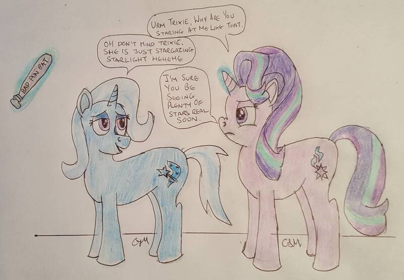 Size: 1655x1146 | Tagged: safe, artist:rapidsnap, derpibooru import, starlight glimmer, trixie, pony, unicorn, bad pun, baseball bat, dialogue, disproportionate retribution, female, impending abuse, lesbian, levitation, lidded eyes, looking at each other, magic, nose wrinkle, pun, scrunchy face, shipping, smiling, startrix, telekinesis, traditional art, unamused