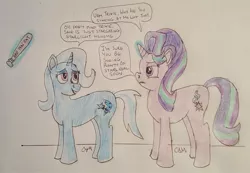 Size: 1655x1146 | Tagged: safe, artist:rapidsnap, derpibooru import, starlight glimmer, trixie, pony, unicorn, bad pun, baseball bat, dialogue, disproportionate retribution, female, impending abuse, lesbian, levitation, lidded eyes, looking at each other, magic, nose wrinkle, pun, scrunchy face, shipping, smiling, startrix, telekinesis, traditional art, unamused