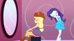 Size: 640x357 | Tagged: safe, derpibooru import, screencap, applejack, rarity, eqg summertime shorts, equestria girls, make up shake up, arm behind back, bare shoulders, boots, clothes, dress, eyes closed, fall formal outfits, female, flower, hat, mirror, rose, shipping fuel, shoes, sitting, sleeveless, standing, strapless