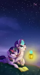 Size: 1000x1875 | Tagged: safe, artist:klemm, derpibooru import, starlight glimmer, twilight sparkle, twilight sparkle (alicorn), alicorn, pony, unicorn, atg 2017, book, cute, duo, female, glimmerbetes, glowing horn, lantern, looking up, mare, newbie artist training grounds, night, open mouth, stargazing, starry night, stars, teacher and student, twiabetes