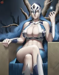 Size: 3113x4000 | Tagged: abs, artist:lvl, au:eqcl, big breasts, breasts, busty nightmare moon, commission, crossed legs, derpibooru import, female, helmet, human, humanized, looking at you, nightmare moon, sitting, solo, solo female, stupid sexy nightmare moon, suggestive, throne