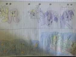 Size: 2592x1936 | Tagged: semi-grimdark, artist:didgereethebrony, derpibooru import, derpy hooves, fluttershy, twilight sparkle, twilight sparkle (alicorn), oc, oc:didgeree, alicorn, pony, debris, ocean, traditional art, wreckage