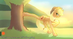 Size: 1280x689 | Tagged: safe, artist:thatonegib, derpibooru import, applejack, pony, applebucking, daily sketch, looking at something, scenery, smiling, solo, sunset, tree