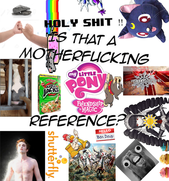Size: 921x988 | Tagged: safe, artist:zegorykz, derpibooru import, shutterfly, bird, chicken, horse, apple jacks, brony, celestia ludenberg, cupcake, danganronpa, edward cullen, exploitable meme, food, image, irl horse, is that a jojo reference?, jojo reference, luna (sailor moon), meme, my little pony logo, no pony, nyan cat, parody, png, pony reference, scooter, shitposting, spike (tom and jerry), twilight (series), vulgar