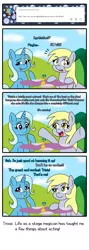 Size: 1000x2810 | Tagged: safe, artist:outofworkderpy, derpibooru import, derpy hooves, trixie, pegasus, pony, unicorn, comic:a derpy magic show, comic, duo, duo female, female, mare, modesty, outofworkderpy, table, tongue out, tumblr, tumblr comic