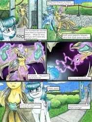 Size: 3000x4000 | Tagged: safe, artist:tillie-tmb, derpibooru import, oc, oc:downdraft, oc:meadow lark, oc:tempest, unofficial characters only, earth pony, pegasus, pony, unicorn, comic:the amulet of shades, comic, female, high res, loak, magic, mare, traditional art