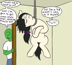 Size: 500x451 | Tagged: semi-grimdark, artist:scraggleman, derpibooru import, oc, oc:anon, oc:floor bored, unofficial characters only, earth pony, pony, attempted suicide, dark comedy, dialogue, door, fail, female, hanging, hanging (by neck), mare, noose, speech bubble, suicide joke