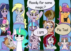 Size: 1400x1000 | Tagged: safe, artist:outofworkderpy, derpibooru import, bon bon, derpy hooves, dinky hooves, sweetie drops, oc, oc:askthescootattorny, oc:celestia-stuff, oc:chain reaction, oc:flare flash, oc:hot fudge, oc:inquisitive colt, oc:kallisti, oc:longhaul, oc:sailor magic, oc:violet blossom, earth pony, pegasus, pony, unicorn, zebra, comic:a derpy magic show, celestia-stuff, comic, female, filly, funny, long neck, male, mare, mother and daughter, outofworkderpy, sailor moon, stallion, sweat, sweatdrop, sweatdrops, tumblr, tumblr comic, zebra oc