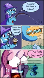 Size: 2880x5120 | Tagged: safe, artist:outofworkderpy, derpibooru import, cheerilee, trixie, oc, oc:sea pony luna, earth pony, pony, sea pony, unicorn, comic:a derpy magic show, cape, clothes, comic, female, fishing rod, food, funny, hat, magic show, magic trick, mare, muffin, outofworkderpy, surprised, trixie's cape, trixie's hat, tumblr, tumblr comic