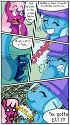 Size: 940x1671 | Tagged: safe, artist:outofworkderpy, derpibooru import, cheerilee, trixie, oc, oc:sea pony luna, earth pony, pony, unicorn, comic:a derpy magic show, cape, clothes, comic, eaten alive, female, funny, hat, magic show, magic trick, mare, outofworkderpy, shock, shocked, tail sticking out, trixie predamoon, trixie's cape, trixie's hat, tumblr, tumblr comic, vore