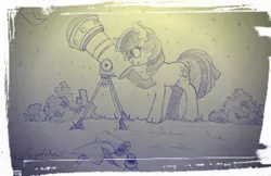 Size: 1500x973 | Tagged: safe, artist:egn, derpibooru import, twilight sparkle, pony, atg 2017, equestria daily exclusive, monochrome, newbie artist training grounds, quill, scroll, sepia, solo, stargazing, telescope, traditional art