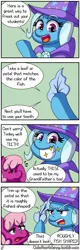 Size: 1280x4000 | Tagged: safe, artist:outofworkderpy, derpibooru import, cheerilee, trixie, earth pony, pony, unicorn, comic:a derpy magic show, cape, clothes, comic, facehoof, female, funny, grin, hat, leaf, magic show, magic trick, mare, outofworkderpy, smiling, trixie's cape, trixie's hat, tumblr, tumblr comic