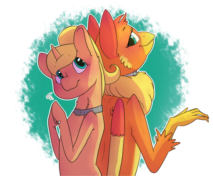 Size: 1907x1577 | Tagged: artist needed, safe, derpibooru import, oc, oc:amber wing, oc:script write, unofficial characters only, gryphon, unicorn, abstract background, back to back, collar, looking at each other, nervous, smiling, standing